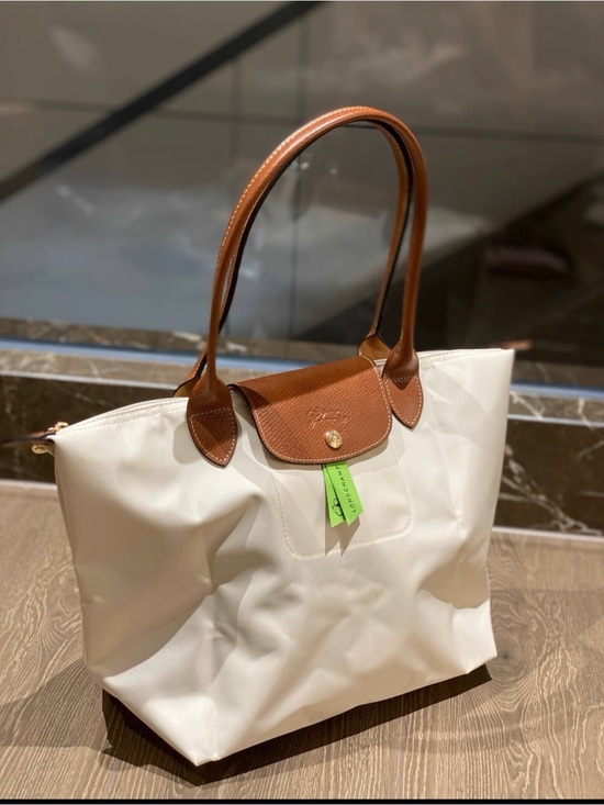 Longchamp Handbags - Longchamp White Le Pliage Tote with Brown Leather Trim